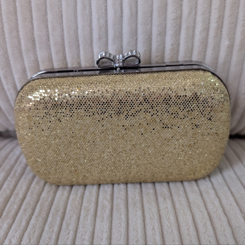 Claires Shiny Sparkly Y2K Glitter Bow Hard Shell Gold Clasp Wallet